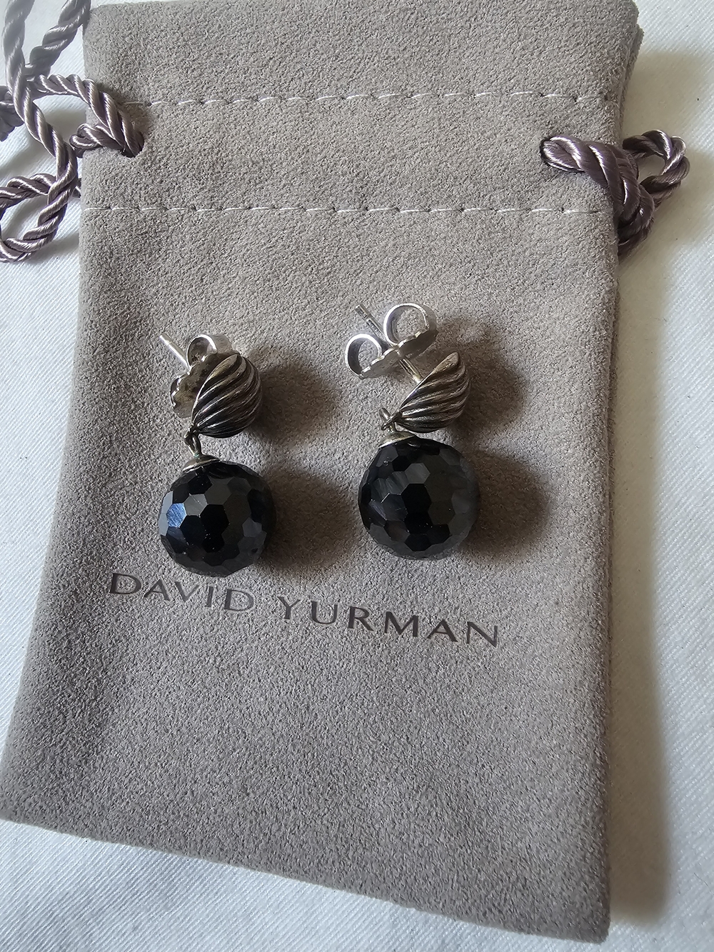 David Yurman Faceted Black Hematite Drop Earrings with Sterling Accents